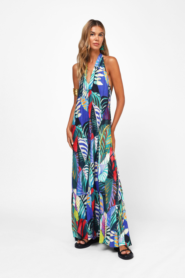 Robe maxi tropicale avec encolure américaine