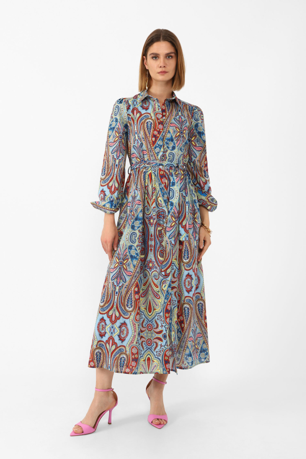 Robe longue pur coton à motif cachemire multicolore